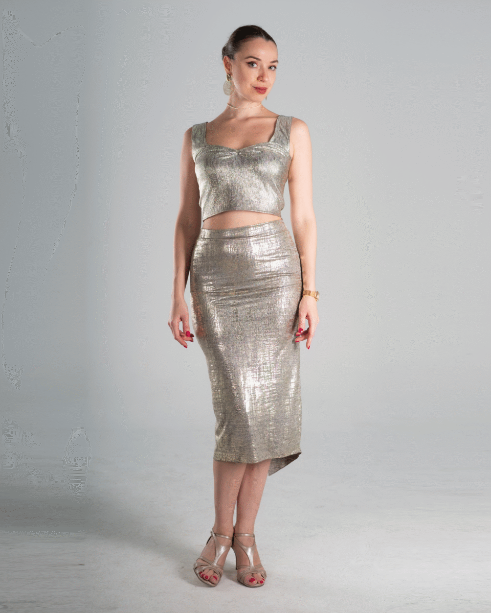 Champagne Silver Metallic Tango Crop Top & Champagne Silver Tango Skirt