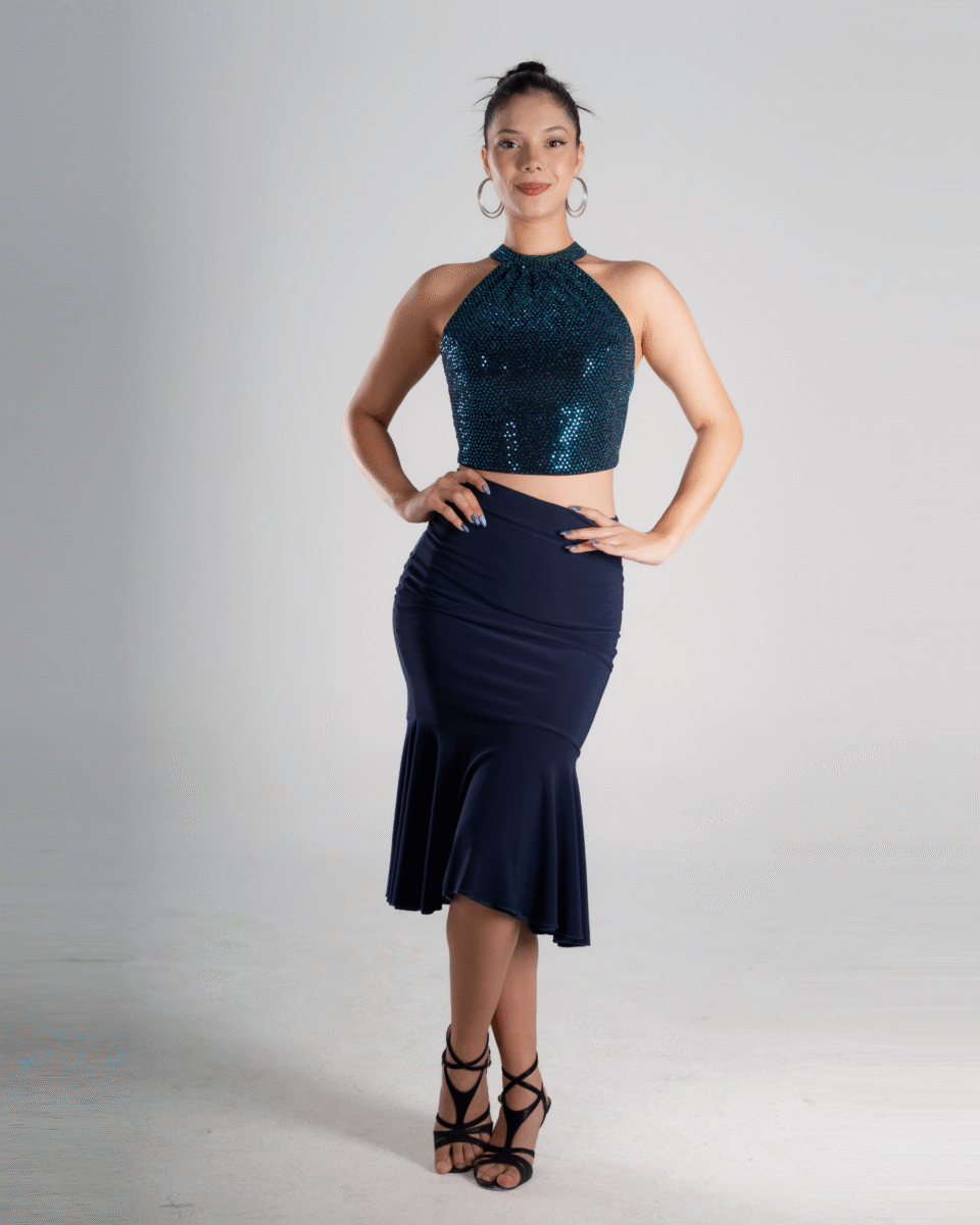 Petrol Blue Sequin Halter Tango Crop Top & Navy Blue High-Waist Tango Skirt