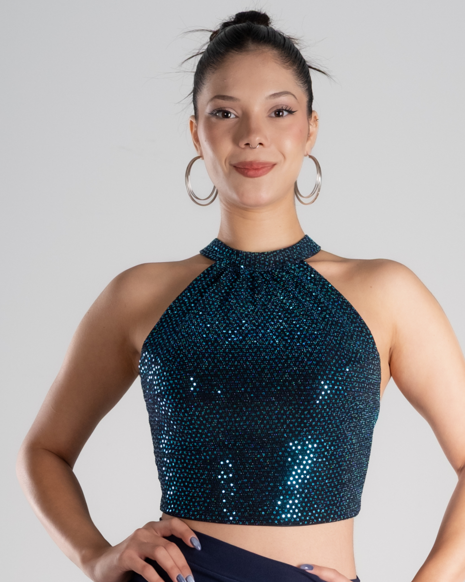 Petrol Blue Sequin Halter Tango Crop Top