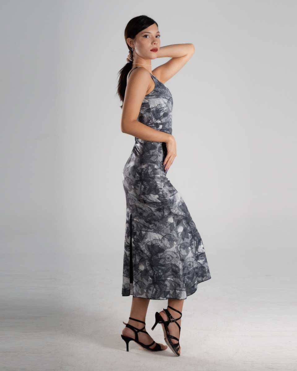 Grey Lace-Inspired Print Tango Dress