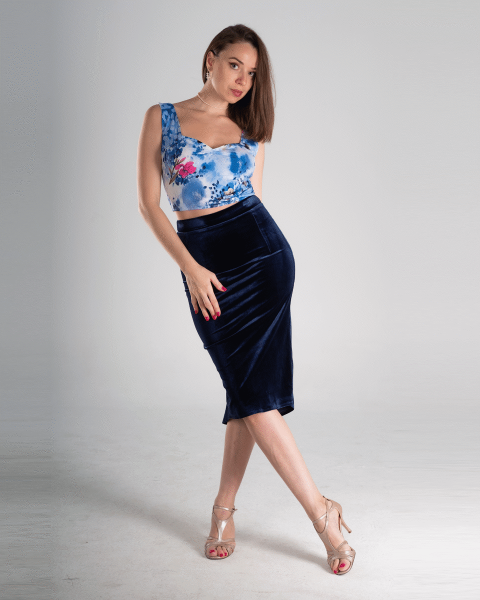 Blue Floral Crop Top & Navy Blue Velvet High-Waist Tango Skirt