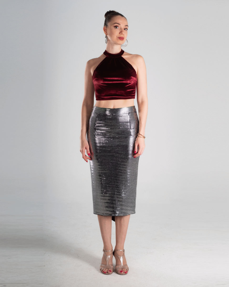 Burgundy Velvet Halter Tango Crop Top & Silver Grid High-Waist Tango Skirt