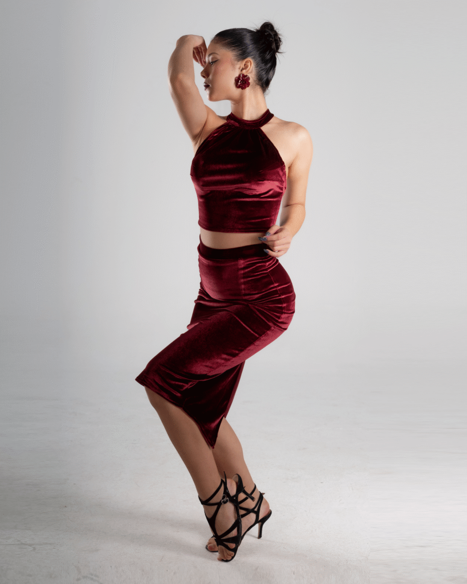 Burgundy Velvet Halter Tango Crop Top & Burgundy Velvet High-Waist Tango Skirt