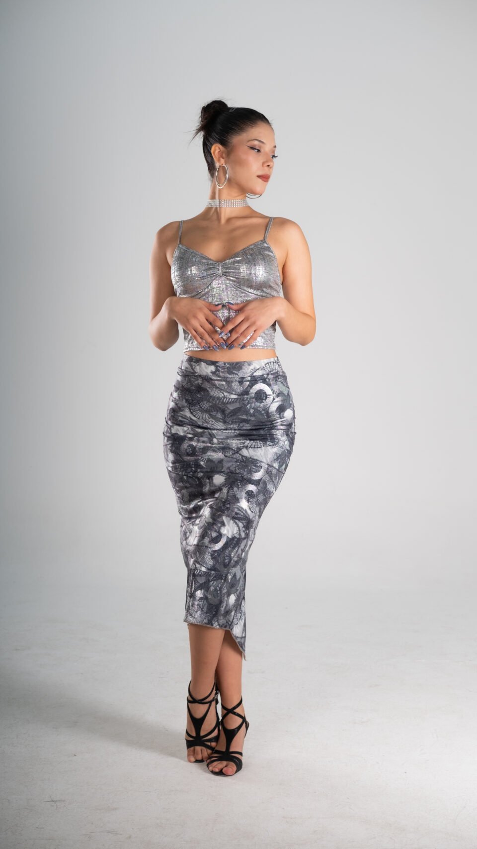 Silver Stretch Tango Crop Top & Grey Lace-Inspired Print Tango Skirt