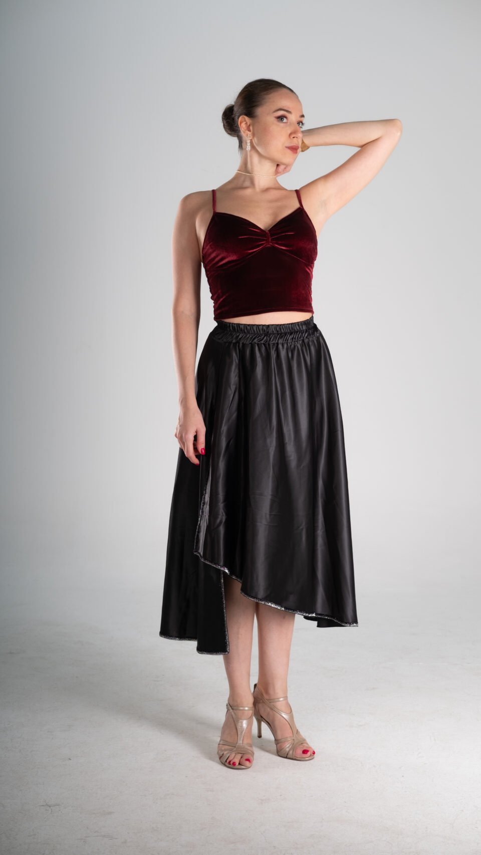 Burgundy Velvet Tango Crop Top & Black Flow Tango Skirt