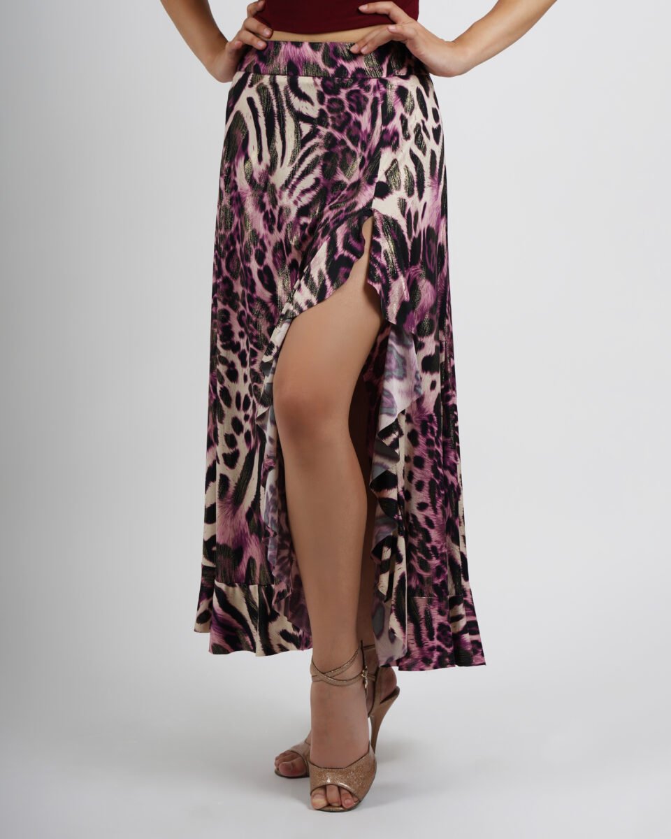 Purple Leopard Satin Ruffle Tango Skirt