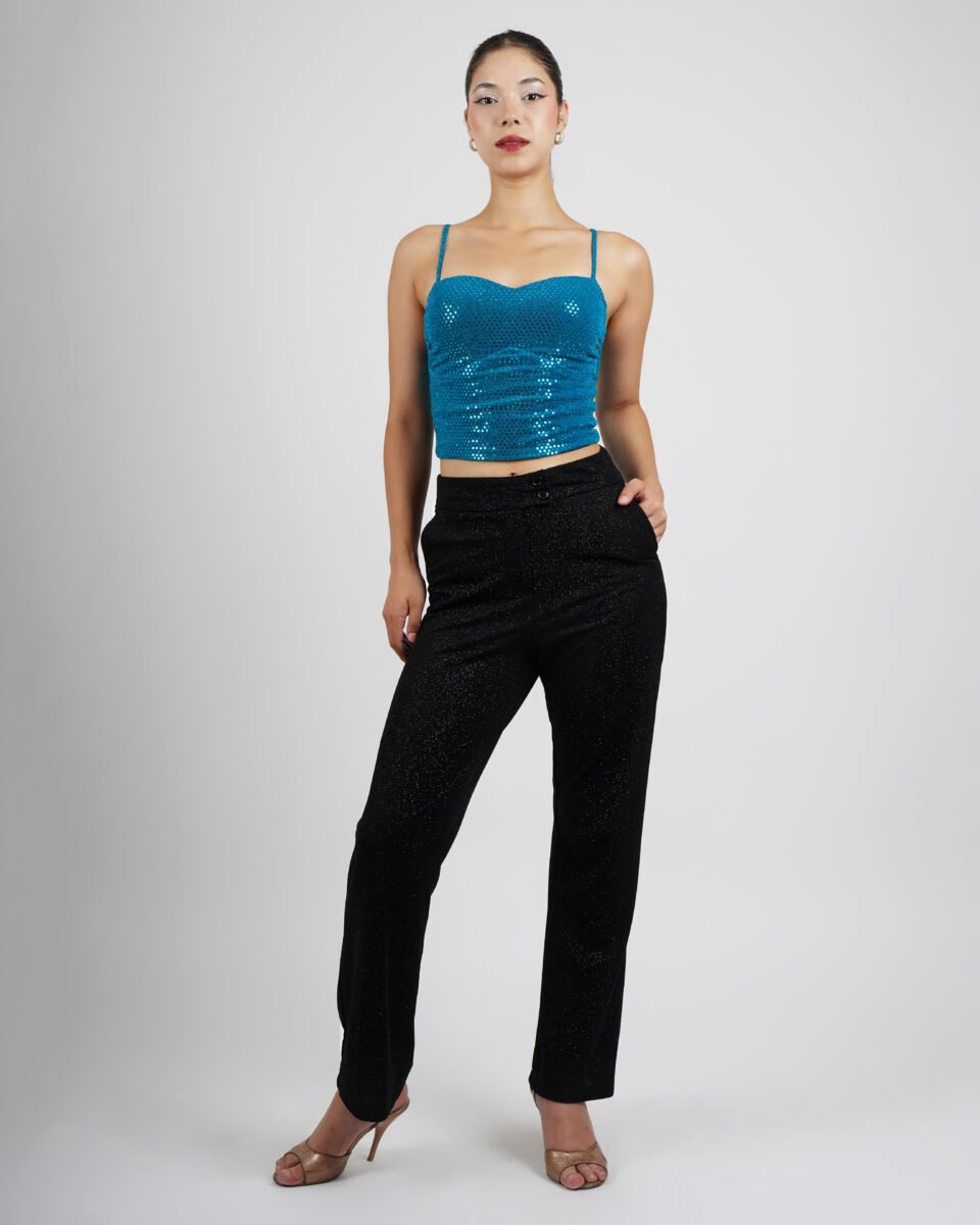 Teal Sequin Tango Crop Top & Black Shimmer Wide-Leg Tango Pants